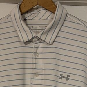 Under Armour Polo Shirt Mens XL White Light Blue Stripes The Playoff Polo Golf